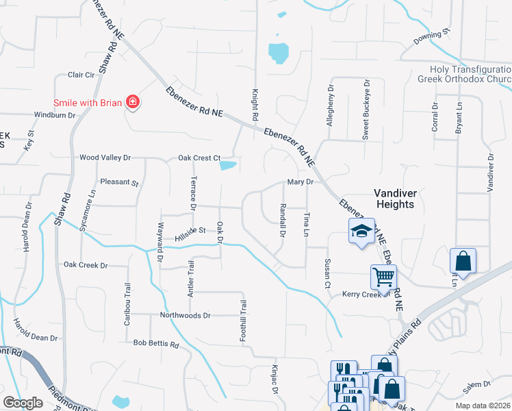 map of restaurants, bars, coffee shops, grocery stores, and more near 3163 Shelia Robin Trail in Marietta
