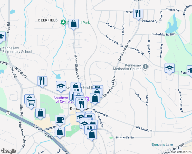 map of restaurants, bars, coffee shops, grocery stores, and more near 2087 Randolph Circle in Kennesaw