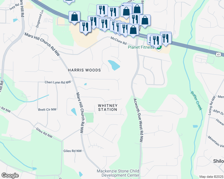 map of restaurants, bars, coffee shops, grocery stores, and more near 4524 Peppermill Place in Acworth