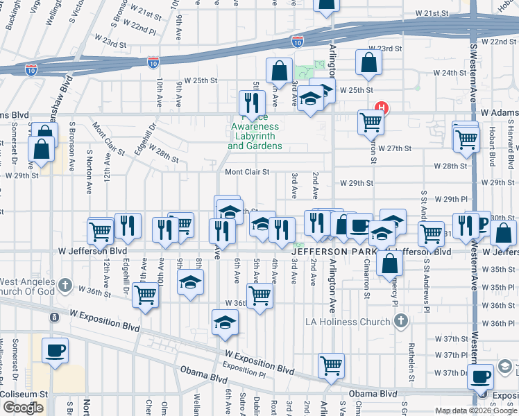 map of restaurants, bars, coffee shops, grocery stores, and more near 2425 West 30th Street in Los Angeles