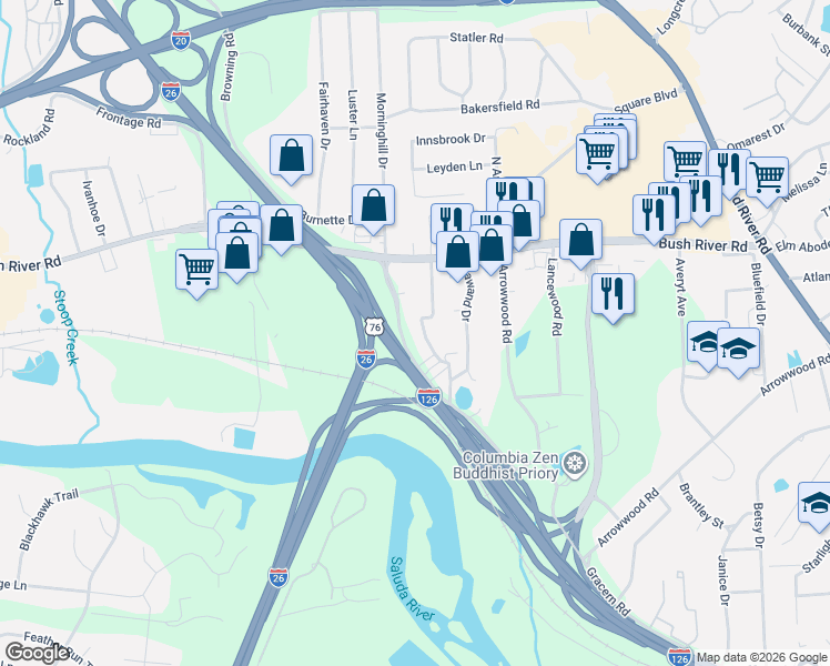 map of restaurants, bars, coffee shops, grocery stores, and more near 216 Latonea Drive in Columbia