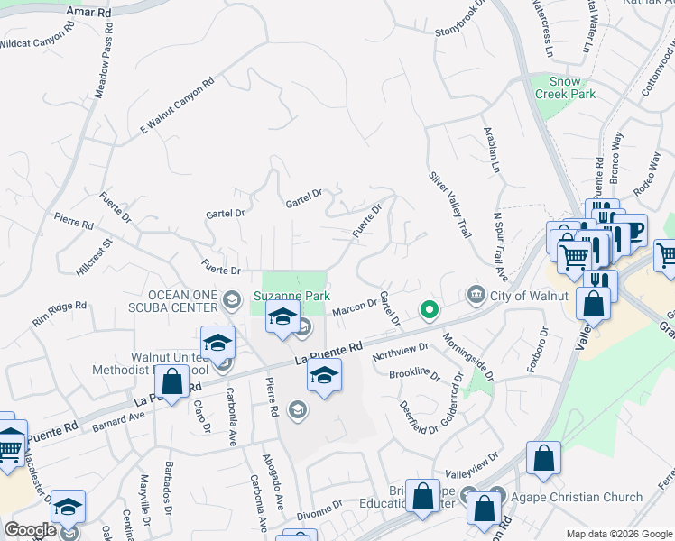 map of restaurants, bars, coffee shops, grocery stores, and more near 20816 Fuerte Drive in Walnut