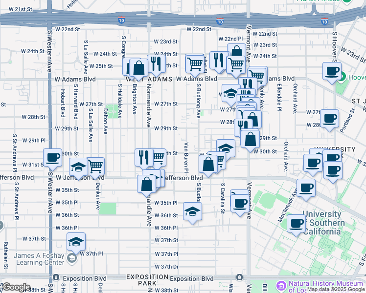 map of restaurants, bars, coffee shops, grocery stores, and more near 2945 Van Buren Place in Los Angeles