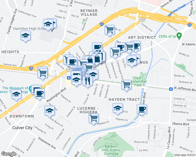 map of restaurants, bars, coffee shops, grocery stores, and more near 3440 Wesley Street in Culver City