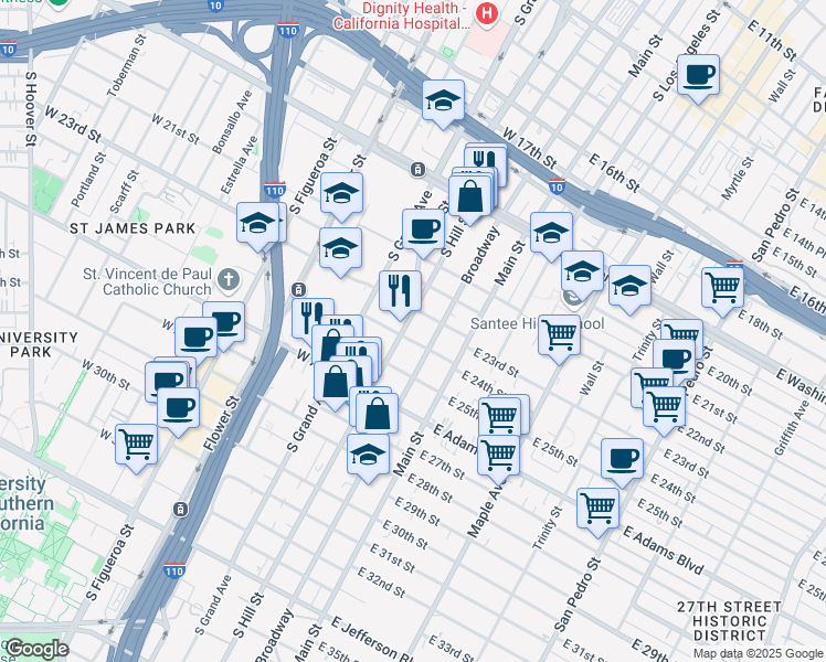 map of restaurants, bars, coffee shops, grocery stores, and more near 150 West 24th Street in Los Angeles