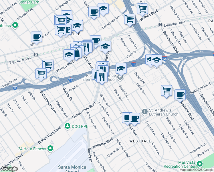 map of restaurants, bars, coffee shops, grocery stores, and more near 2560 South Barrington Avenue in Los Angeles
