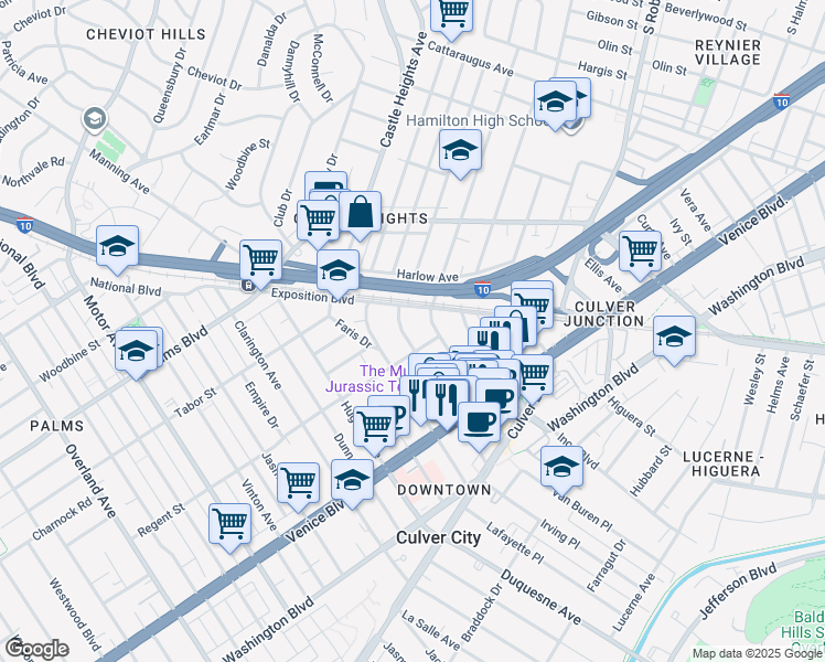 map of restaurants, bars, coffee shops, grocery stores, and more near 3640 Cardiff Avenue in Los Angeles