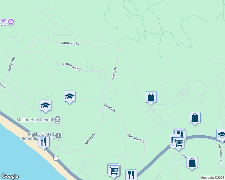map of restaurants, bars, coffee shops, grocery stores, and more near 5840 Busch Drive in Malibu