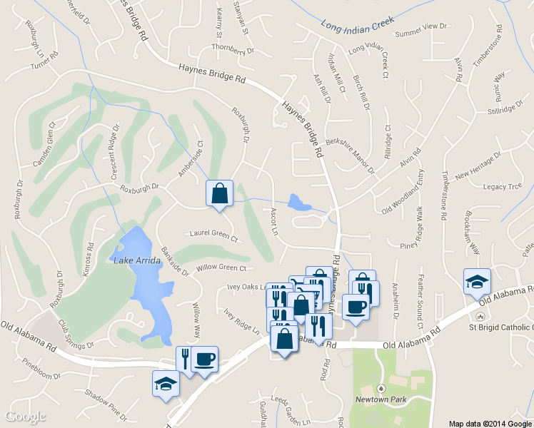 map of restaurants, bars, coffee shops, grocery stores, and more near 2935 Ascot Lane in Roswell