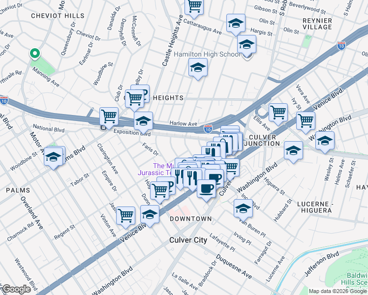 map of restaurants, bars, coffee shops, grocery stores, and more near 3701 Bagley Avenue in Los Angeles