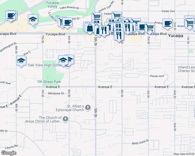 map of restaurants, bars, coffee shops, grocery stores, and more near 12435 5th Street in Yucaipa