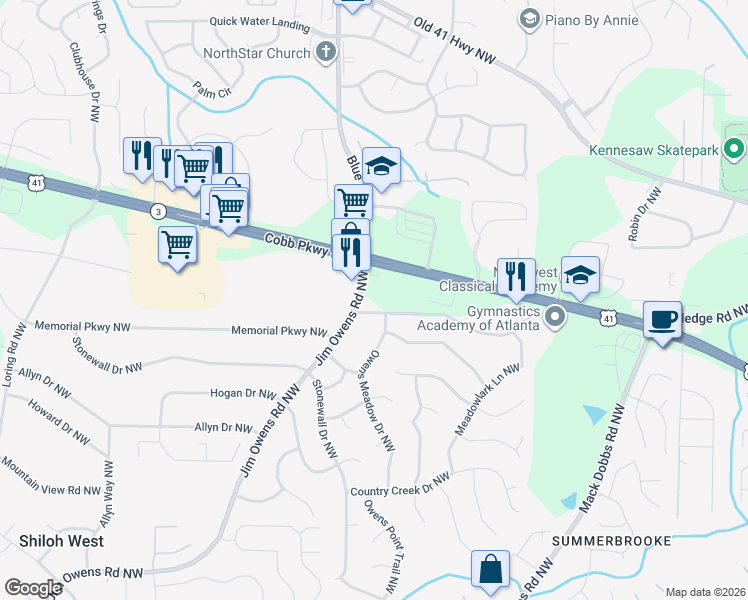 map of restaurants, bars, coffee shops, grocery stores, and more near 2999 Owens Meadow Drive Northwest in Kennesaw