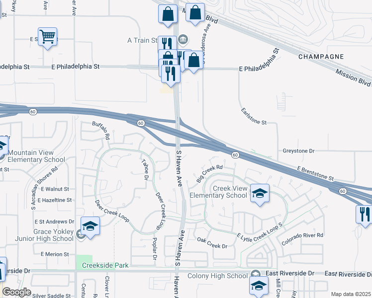 map of restaurants, bars, coffee shops, grocery stores, and more near 13751 South Haven Avenue in Ontario
