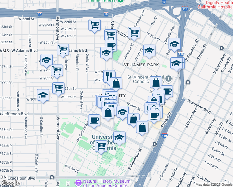 map of restaurants, bars, coffee shops, grocery stores, and more near 3375 S Hoover St in Los Angeles