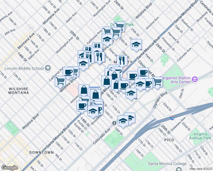 map of restaurants, bars, coffee shops, grocery stores, and more near 1347 18th Street in Santa Monica