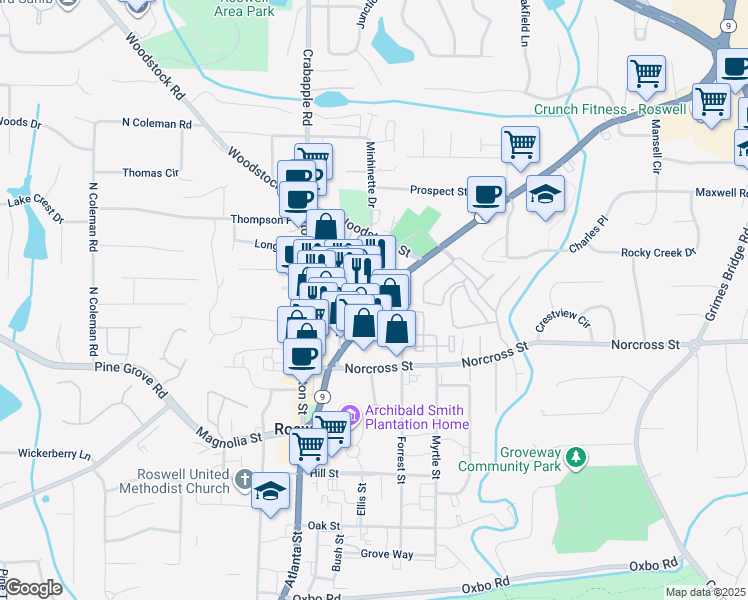 map of restaurants, bars, coffee shops, grocery stores, and more near 1055 Alpharetta Street in Roswell