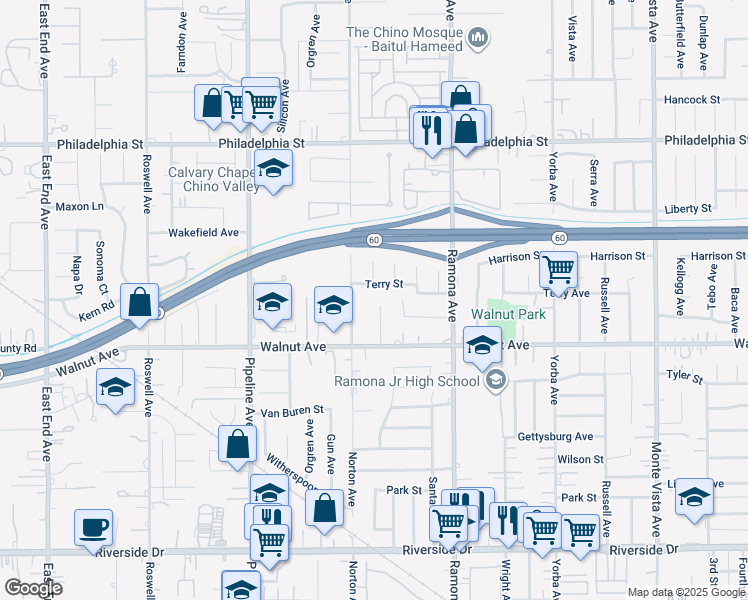 map of restaurants, bars, coffee shops, grocery stores, and more near 12431 Concord Court in Chino