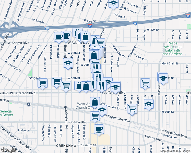 map of restaurants, bars, coffee shops, grocery stores, and more near 3004 Crenshaw Boulevard in Los Angeles