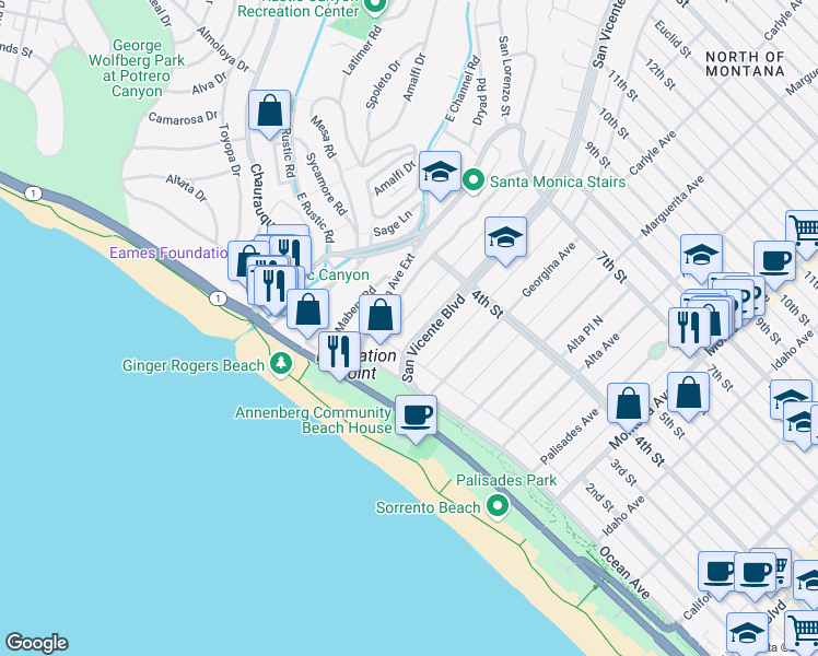 map of restaurants, bars, coffee shops, grocery stores, and more near 153 San Vicente Boulevard in Santa Monica