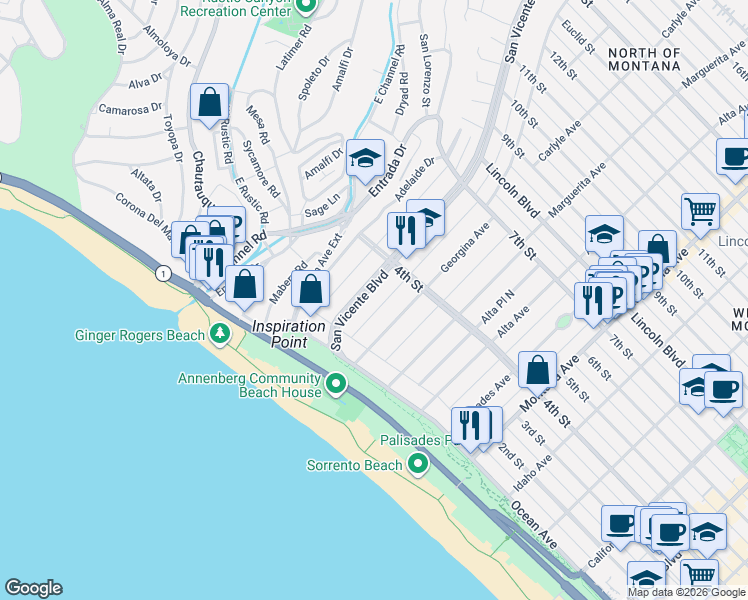 map of restaurants, bars, coffee shops, grocery stores, and more near 220 San Vicente Boulevard in Santa Monica