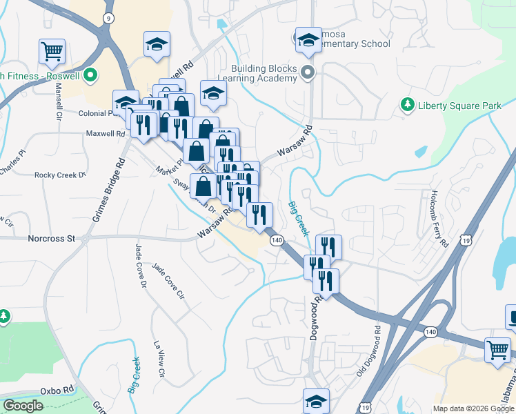 map of restaurants, bars, coffee shops, grocery stores, and more near 915 Holcomb Bridge Road in Roswell