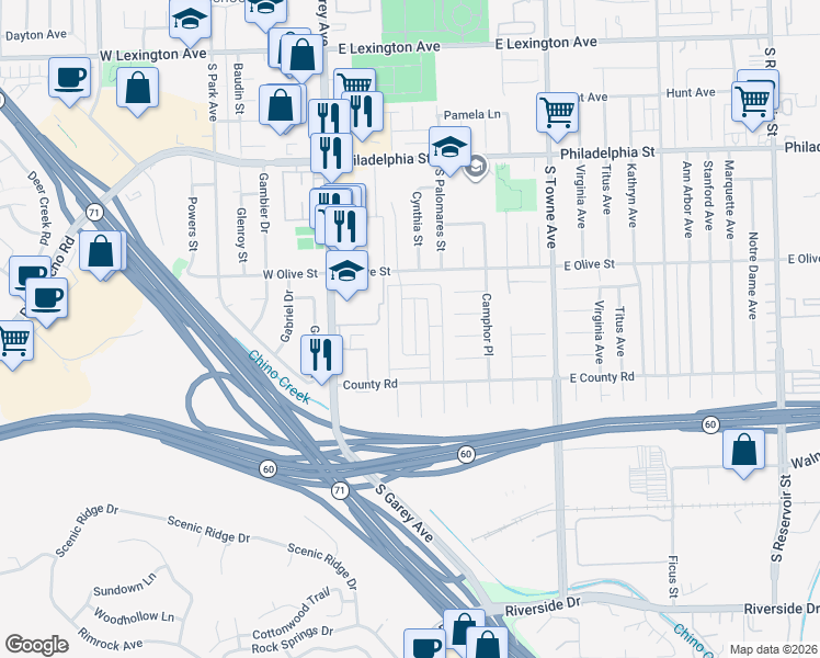 map of restaurants, bars, coffee shops, grocery stores, and more near 2424 Angela Street in Pomona