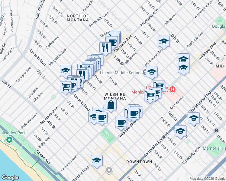 map of restaurants, bars, coffee shops, grocery stores, and more near 941 11th Street in Santa Monica