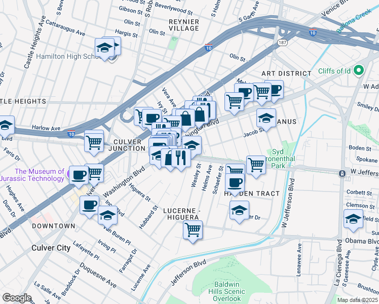 map of restaurants, bars, coffee shops, grocery stores, and more near 3431 Wesley Street in Culver City
