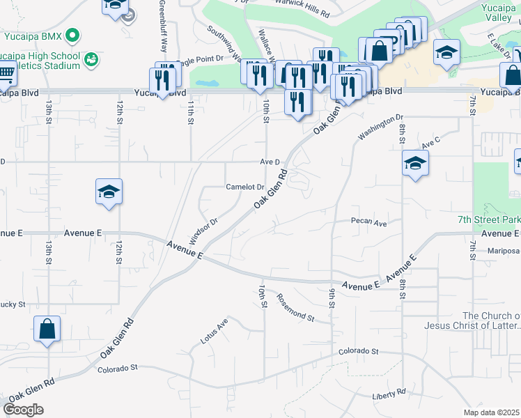 map of restaurants, bars, coffee shops, grocery stores, and more near Oak Glen Road in Yucaipa