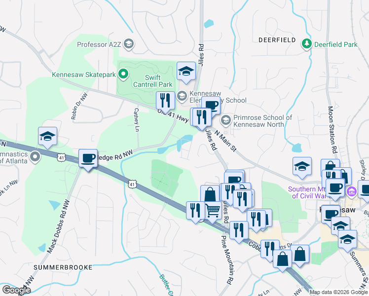 map of restaurants, bars, coffee shops, grocery stores, and more near 1056 Hillsborough Chase Northwest in Kennesaw