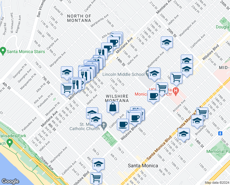 map of restaurants, bars, coffee shops, grocery stores, and more near 941 11th Street in Santa Monica