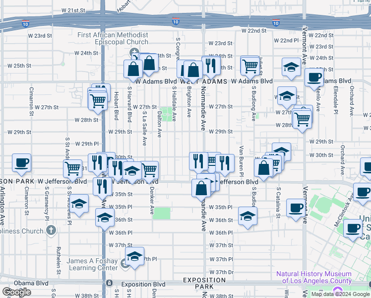 map of restaurants, bars, coffee shops, grocery stores, and more near 2939 Brighton Avenue in Los Angeles