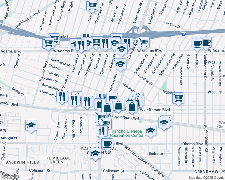 map of restaurants, bars, coffee shops, grocery stores, and more near 2840 South Mansfield Avenue in Los Angeles