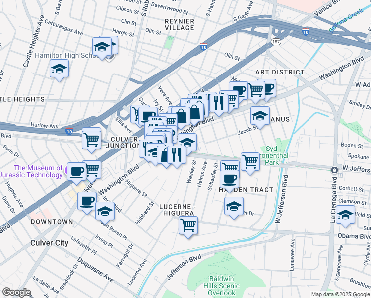 map of restaurants, bars, coffee shops, grocery stores, and more near 3440 Wesley Street in Culver City