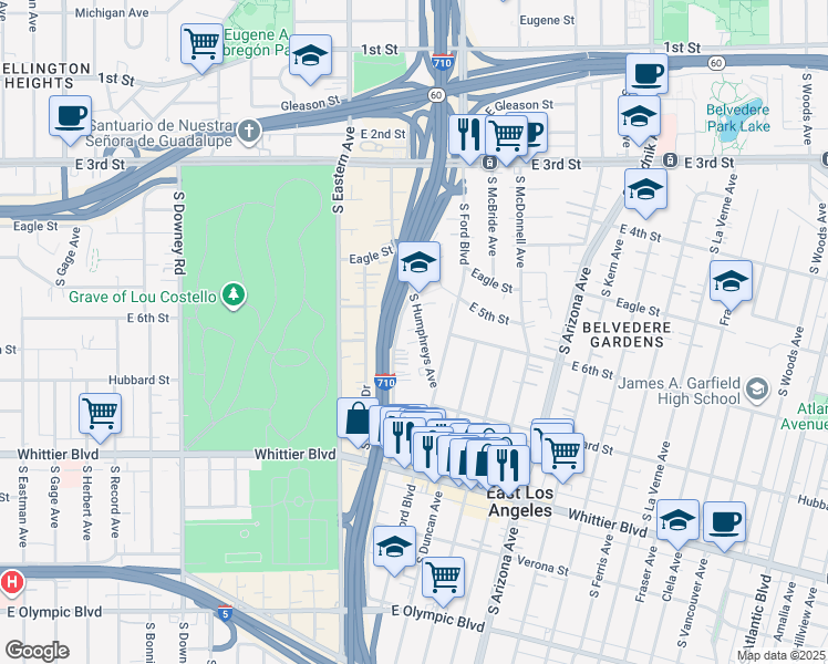 map of restaurants, bars, coffee shops, grocery stores, and more near 601 South Humphreys Avenue in East Los Angeles