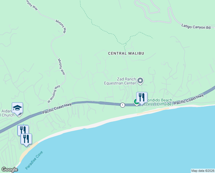 map of restaurants, bars, coffee shops, grocery stores, and more near 27553 California 1 in Malibu