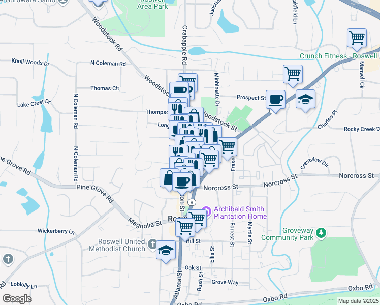 map of restaurants, bars, coffee shops, grocery stores, and more near 1081 Canton Street in Roswell