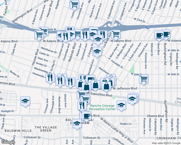 map of restaurants, bars, coffee shops, grocery stores, and more near 2840 South Mansfield Avenue in Los Angeles