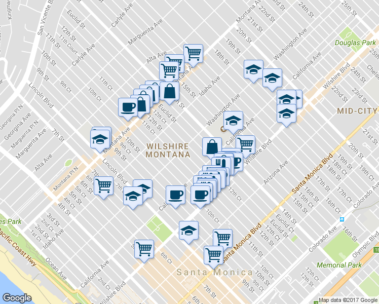 map of restaurants, bars, coffee shops, grocery stores, and more near 1013 12th Street in Santa Monica