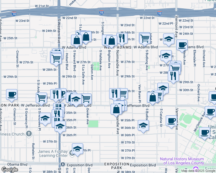 map of restaurants, bars, coffee shops, grocery stores, and more near 2957 Brighton Avenue in Los Angeles