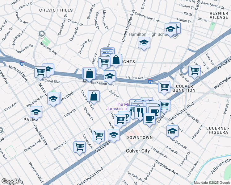 map of restaurants, bars, coffee shops, grocery stores, and more near 3626 Watseka Avenue in Los Angeles
