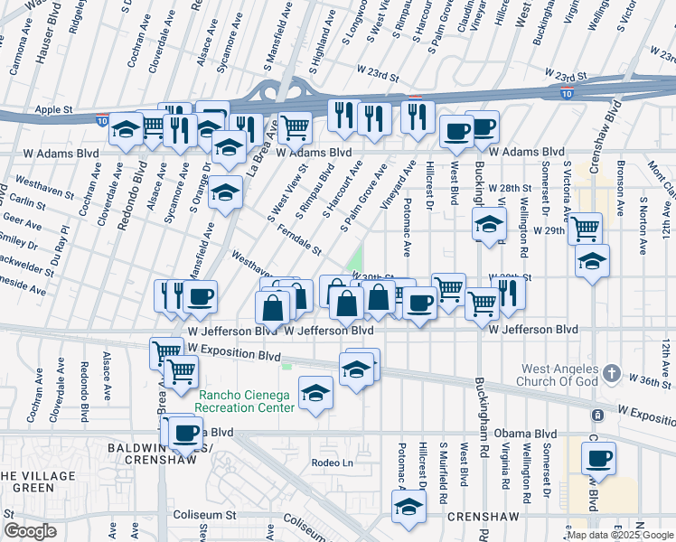 map of restaurants, bars, coffee shops, grocery stores, and more near 3003 Vineyard Avenue in Los Angeles