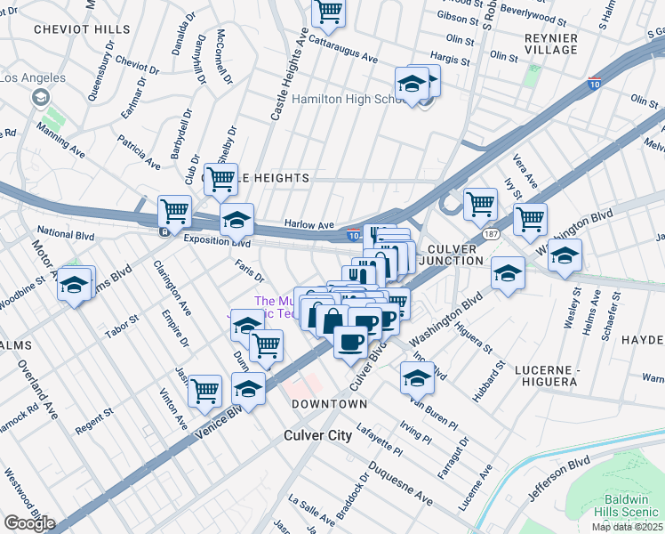 map of restaurants, bars, coffee shops, grocery stores, and more near 3715 South Canfield Avenue in Los Angeles