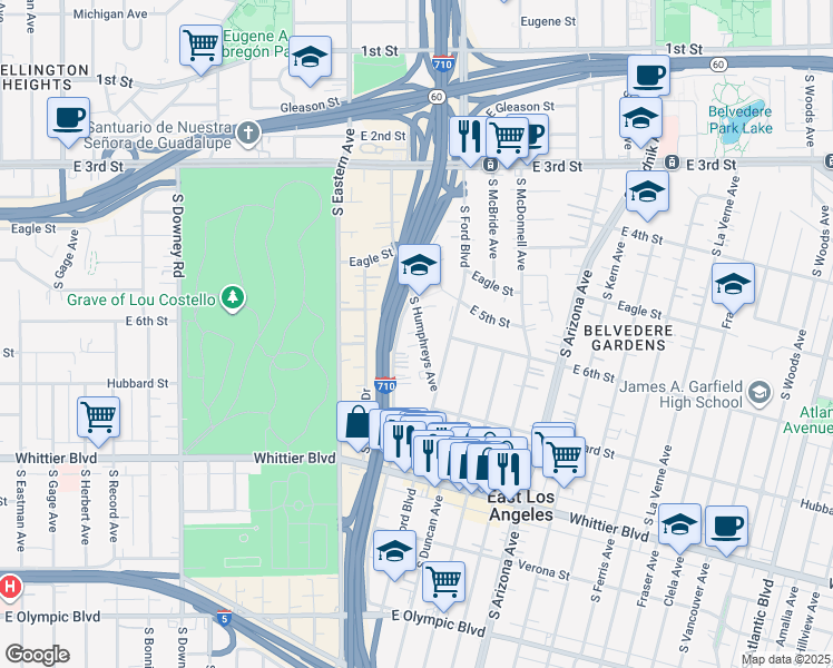 map of restaurants, bars, coffee shops, grocery stores, and more near 601 South Humphreys Avenue in East Los Angeles
