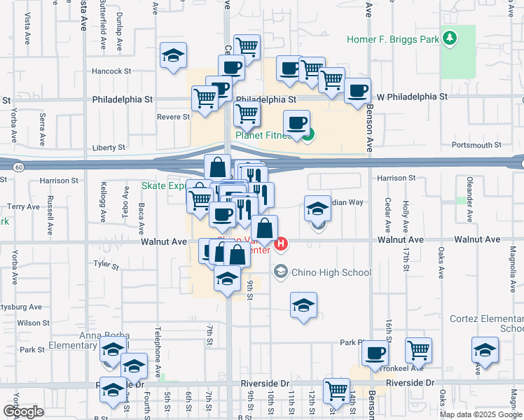 map of restaurants, bars, coffee shops, grocery stores, and more near 12403 Central Avenue in Chino