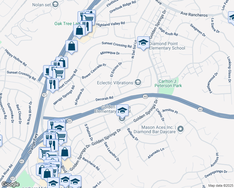 map of restaurants, bars, coffee shops, grocery stores, and more near 23951 Decorah Road in Diamond Bar