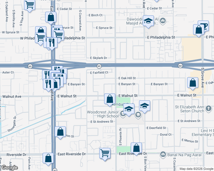map of restaurants, bars, coffee shops, grocery stores, and more near 2530 Miramonte Avenue South in Ontario