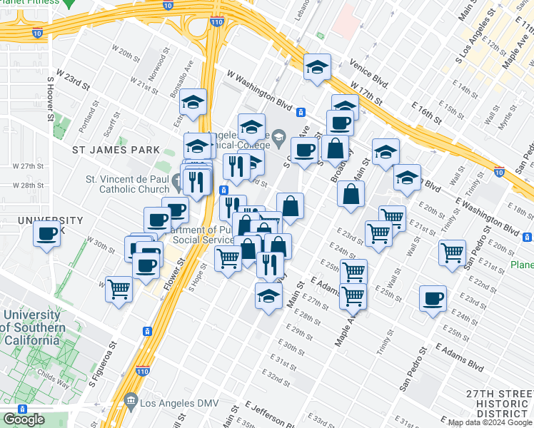 map of restaurants, bars, coffee shops, grocery stores, and more near 240 West 24th Street in Los Angeles