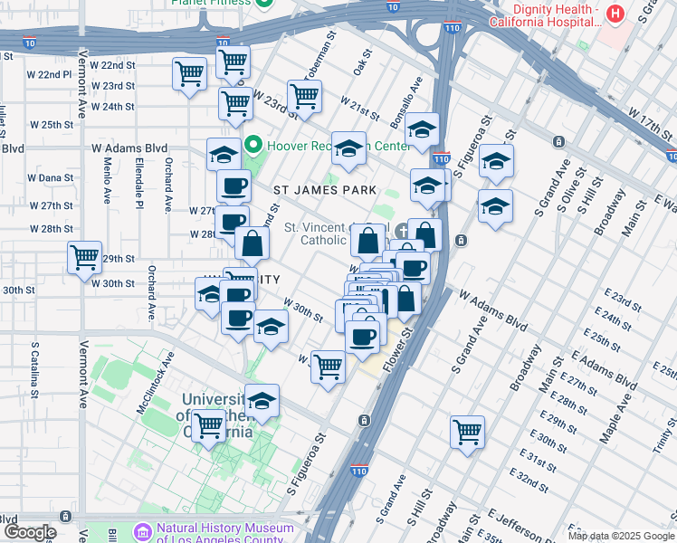 map of restaurants, bars, coffee shops, grocery stores, and more near 707 West 28th Street in Los Angeles