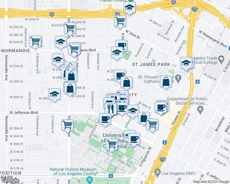 map of restaurants, bars, coffee shops, grocery stores, and more near 1057 West 30th Street in Los Angeles